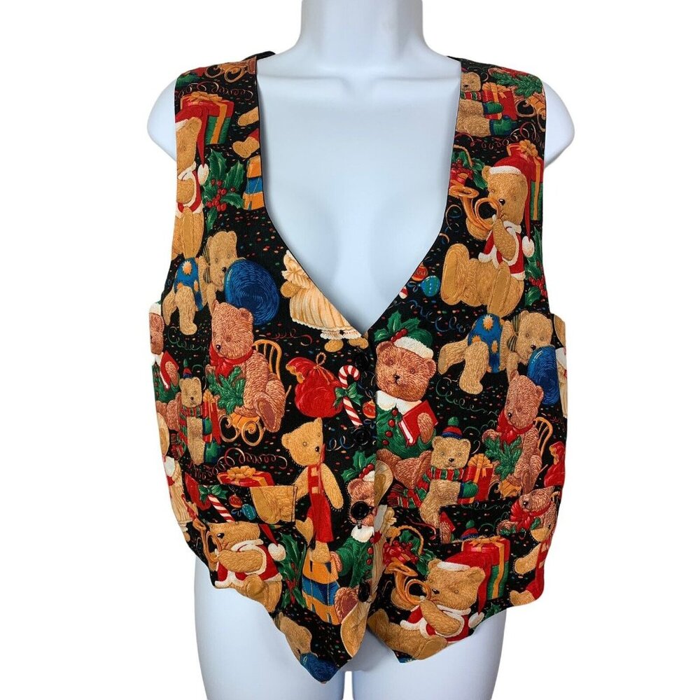 Vintage Womens‎ Vest Medium Teddy Bears Button Christmas Saddle River Black Back